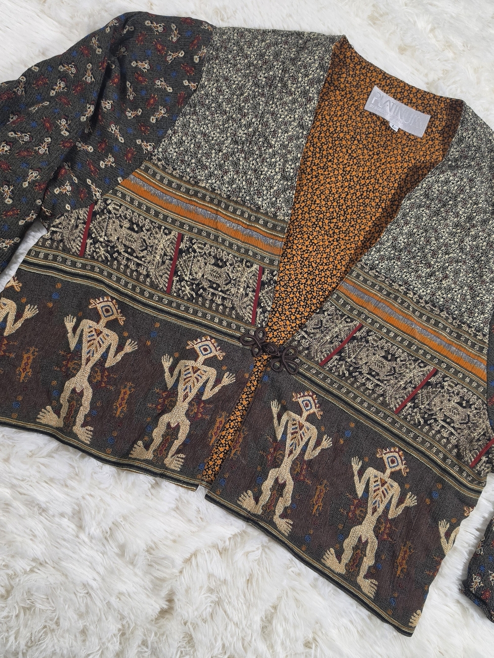 Platinum by Dorothy Schoelen Vintage Boho Tribal Patchwork Cardigan Artsy Large